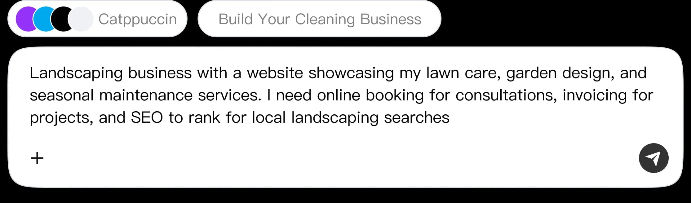 AI prompt input showing business description with color palette selection