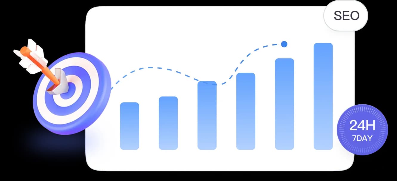 3D illustration of SEO growth: target with arrow, upward bar chart, SEO and 24/7 monitoring badges