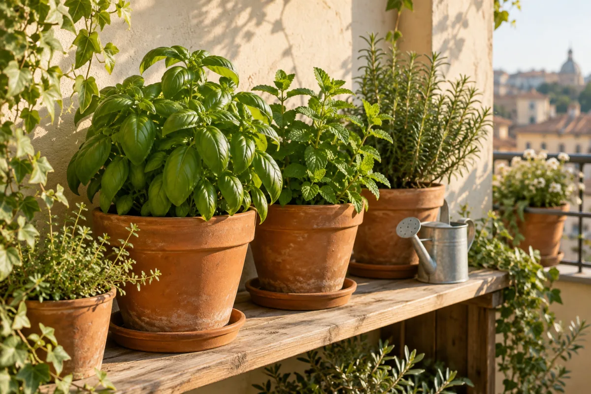 Terracotta pots of herbs on a sunny balcony