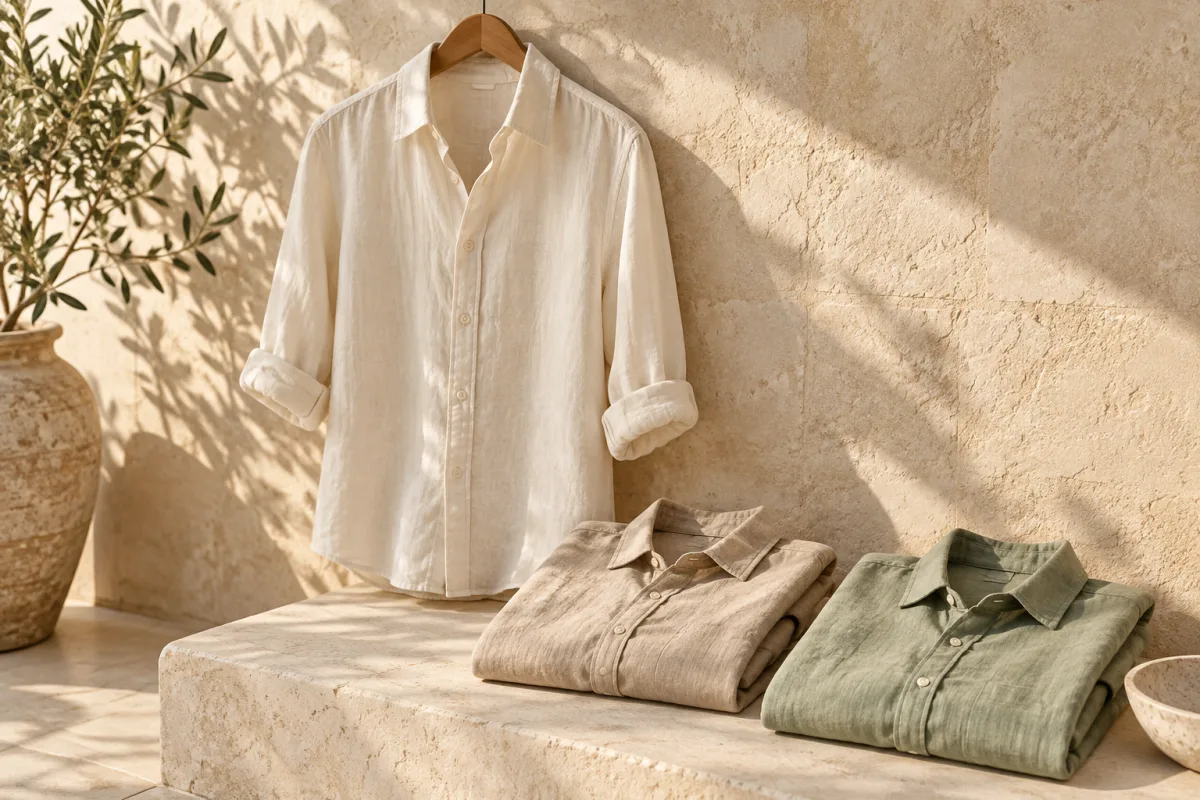 Linen shirts in cream and earthy colors