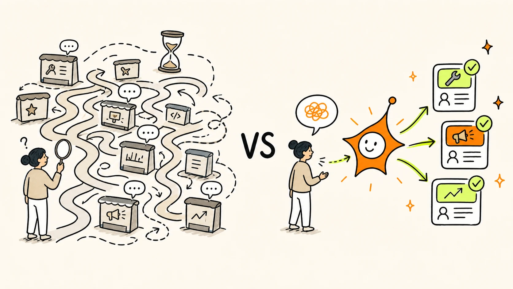 Hand-drawn comparison: a buyer navigates a tangled maze of traditional service listings on the left, while a SpringBrand agent connects one clear request to matched services on the right.