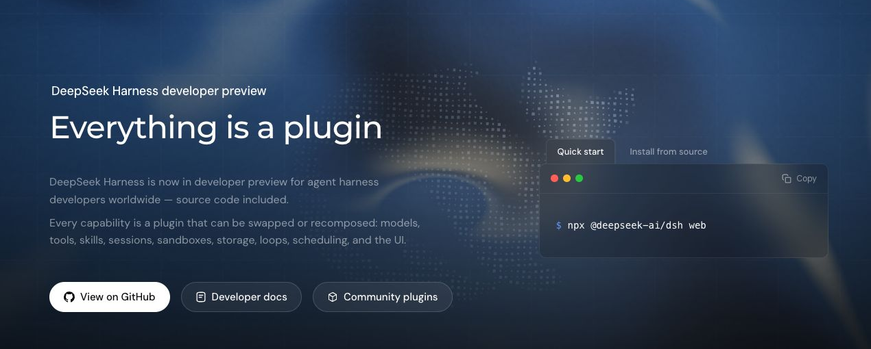 DeepSeek Harness English developer preview showing the plugin-first product overview and quick-start command