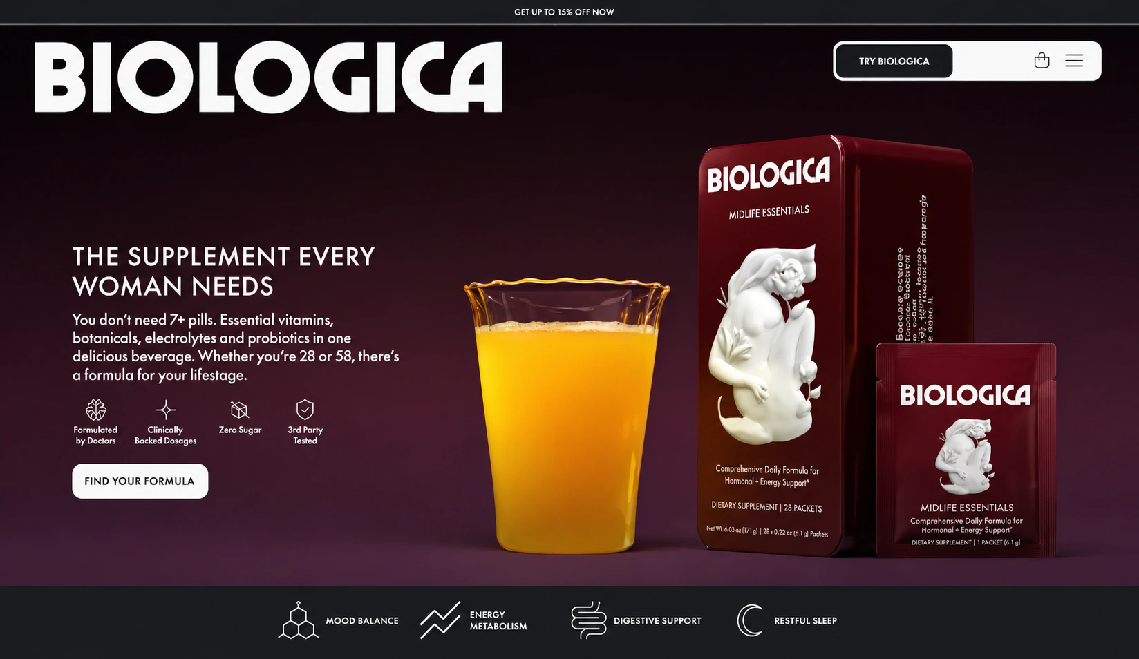 Biologica supplement website homepage preview