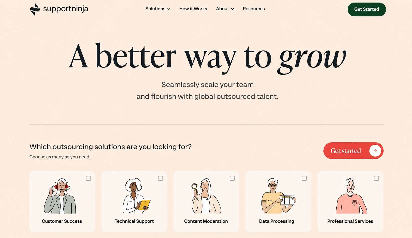 SupportNinja outsourcing solutions website homepage preview