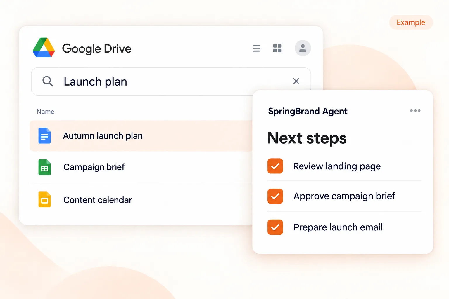 Illustration of a Google Drive launch-plan search beside a SpringBrand Agent checklist for a landing page, campaign brief and launch email.
