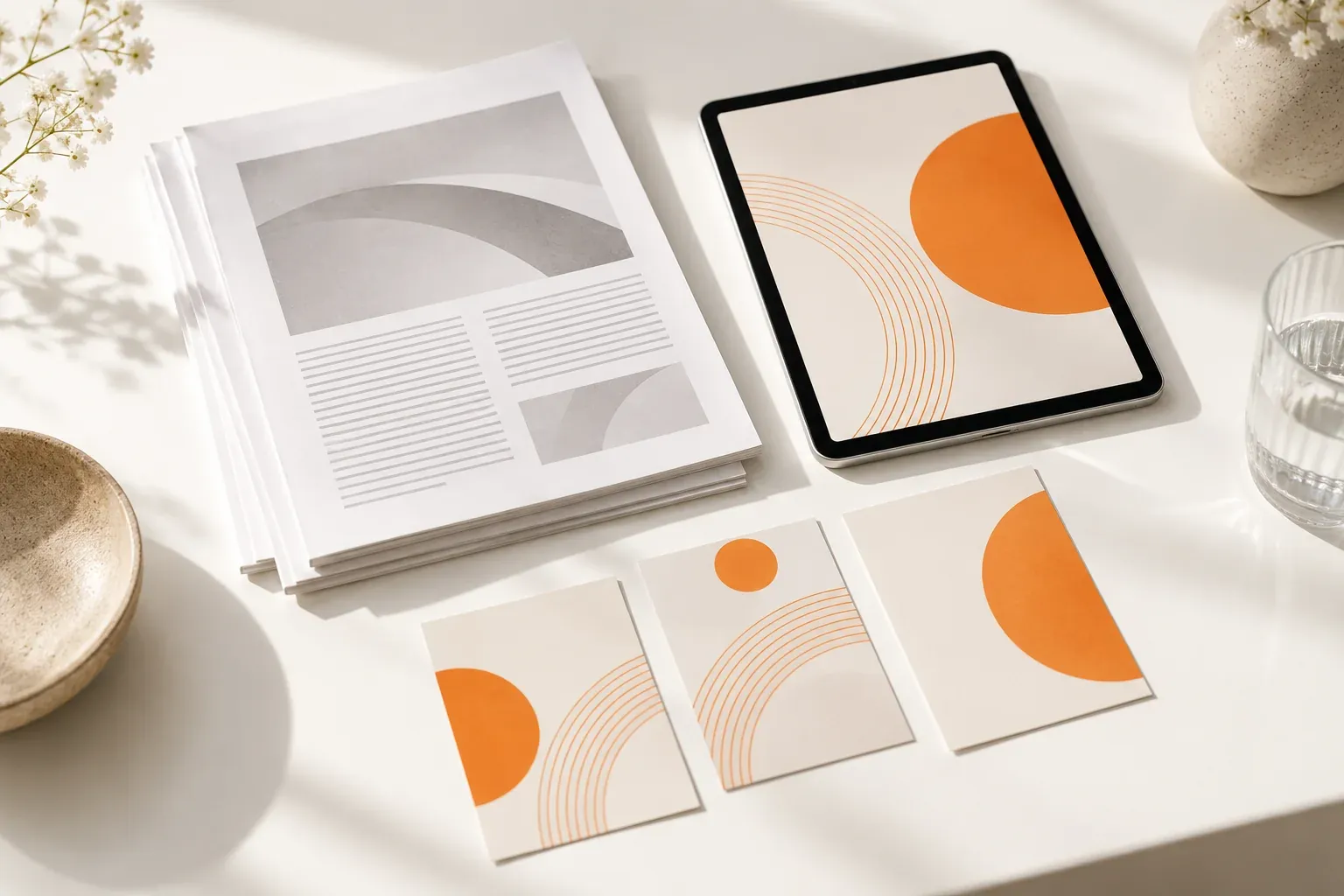 Illustrative campaign materials arranged beside a tablet for a marketing workshop