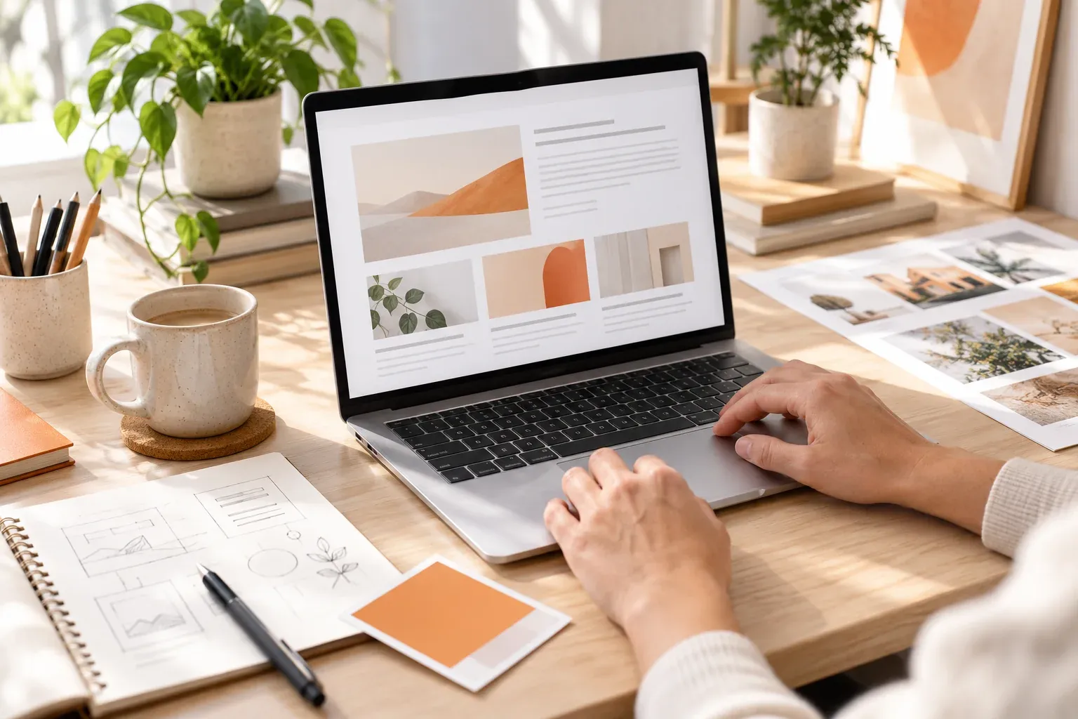 Illustrative creative workspace with a laptop, planning notes and campaign references