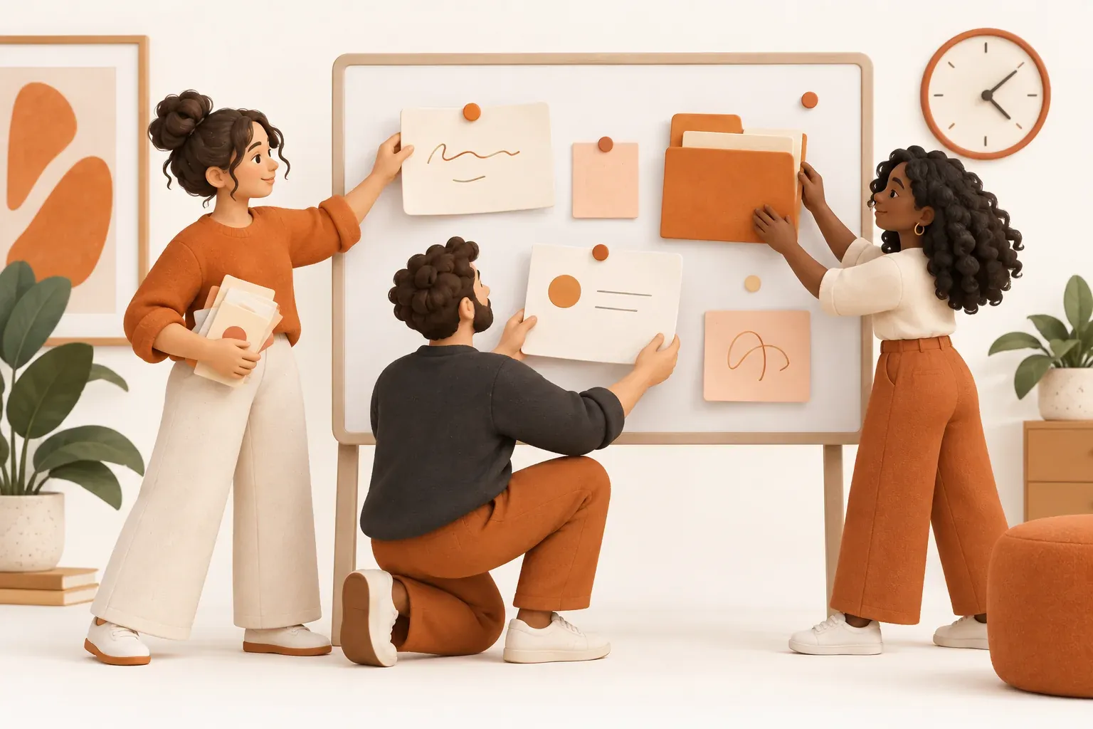Illustrative marketing team organizing a campaign brief and creative materials together