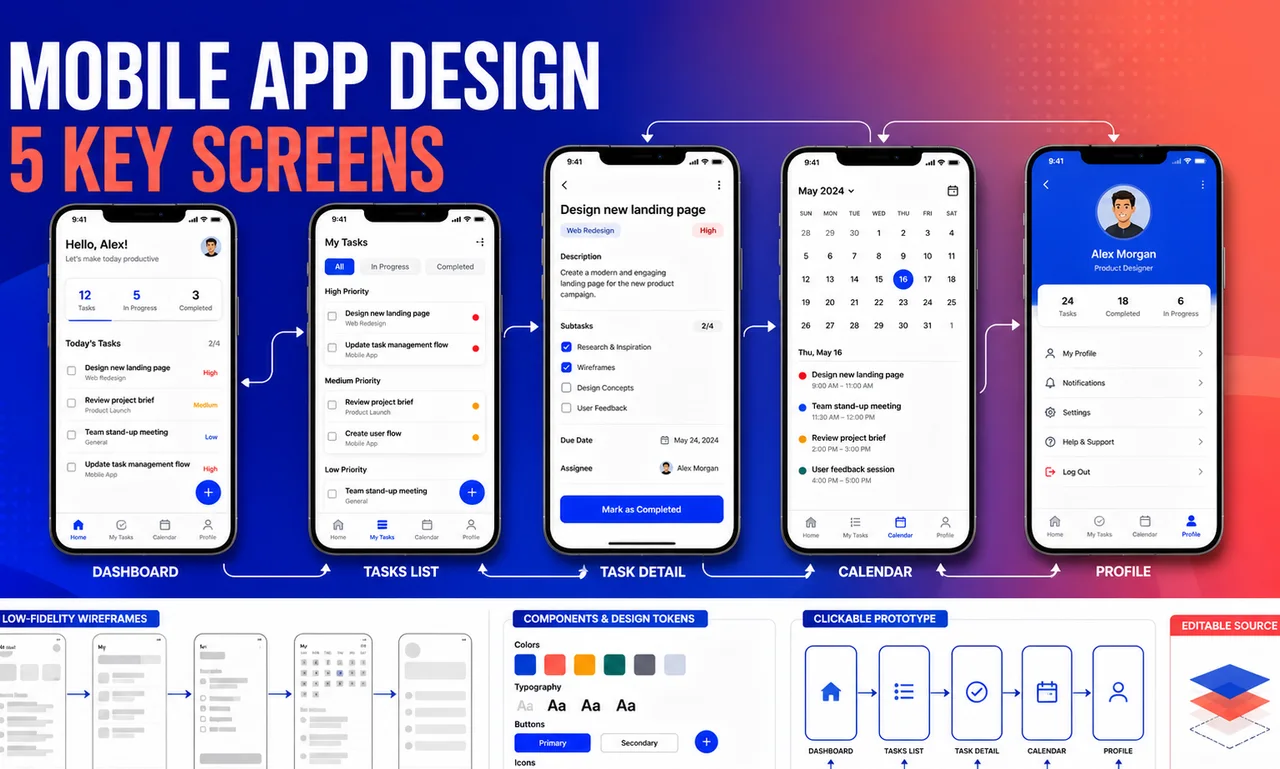 Mobile App Design for Five Key Screens